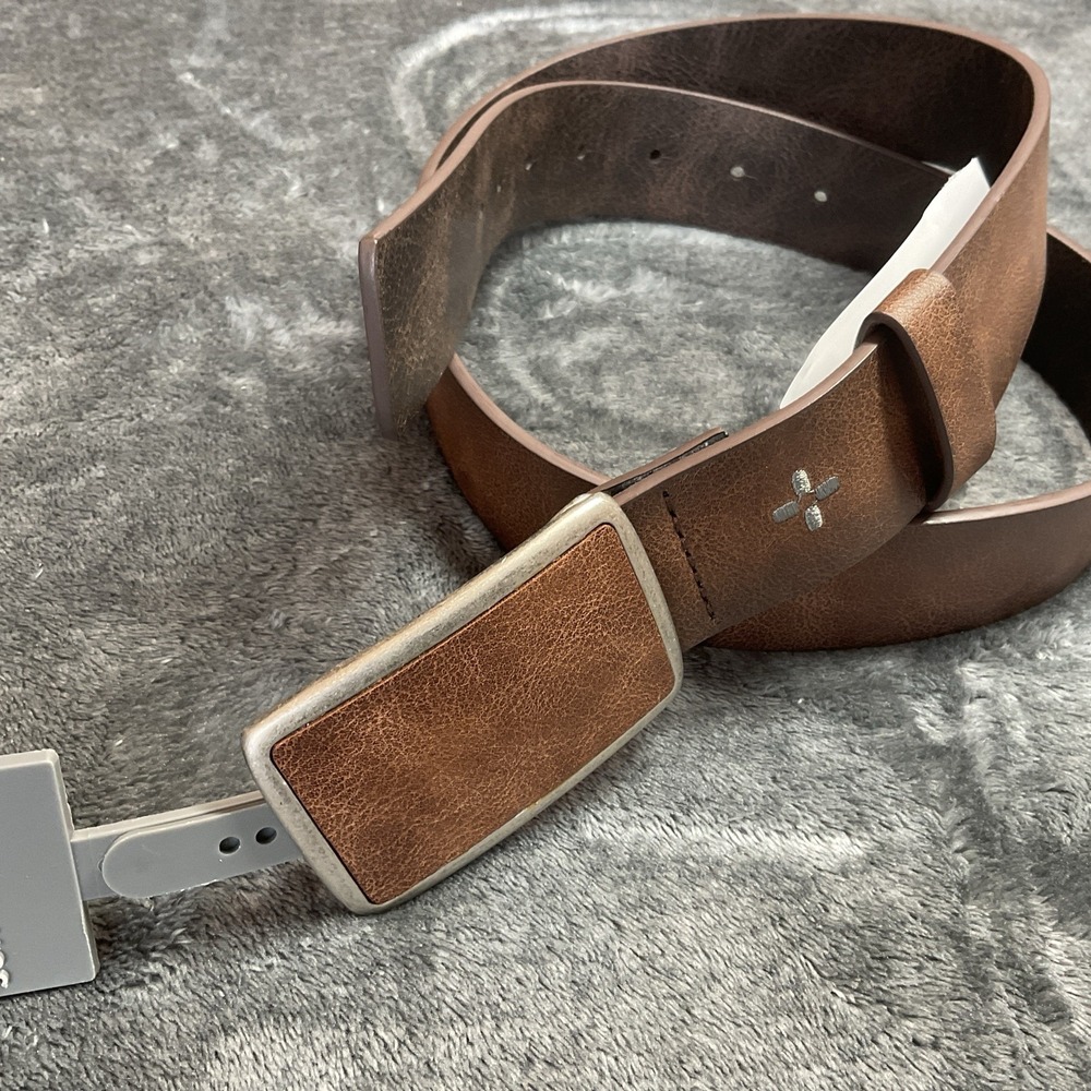 SUN + STONE Men's Bonded Leather Plaque Buckle Belt Brown Medium